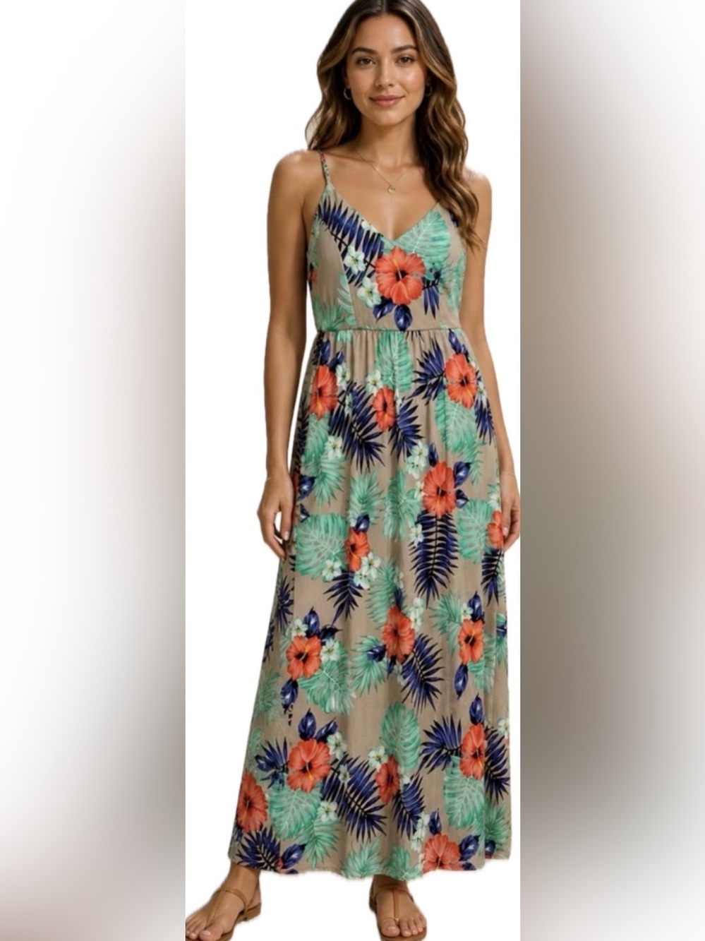 🌺 Tropical Floral Maxi Dress - Beige with Blue, Teal & Orange - size Small